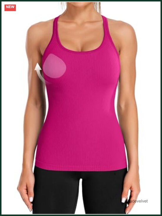 Tops - Ribbed Workout Tank Top with Built in Bra Racerback Scoop Neck Athletic Top